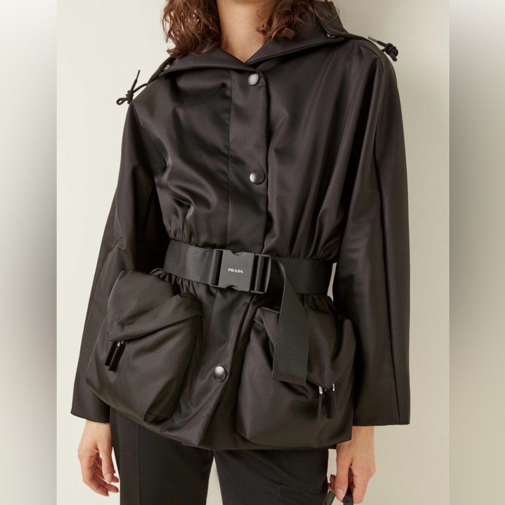 Prada Re-Nylon Belted Coat w/ Detachable Hood in Black